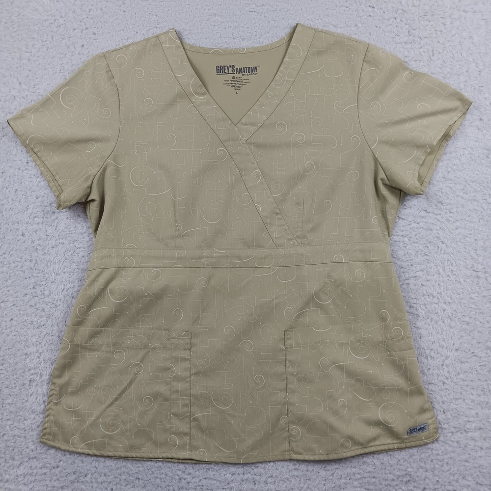 Grey's Anatomy Scrub Top 41299 Women L Khaki Tan Swirl Mock Wrap 41299